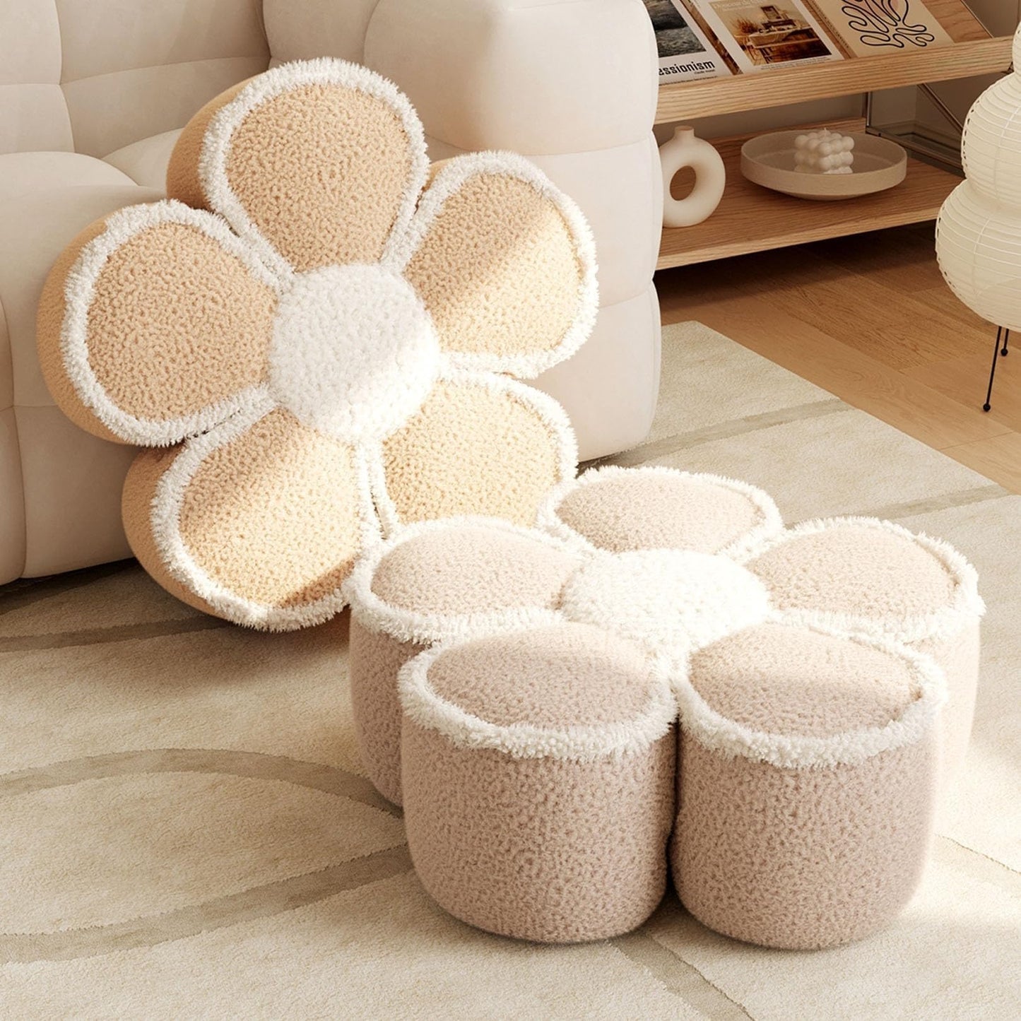 Home Furnishing Pouf Ottoman Lmitation Lamb Wool Stool Ottoman Petal Shape Foot Stool Cushion Floor Poufs Foot Rest for Living Room(Pink)