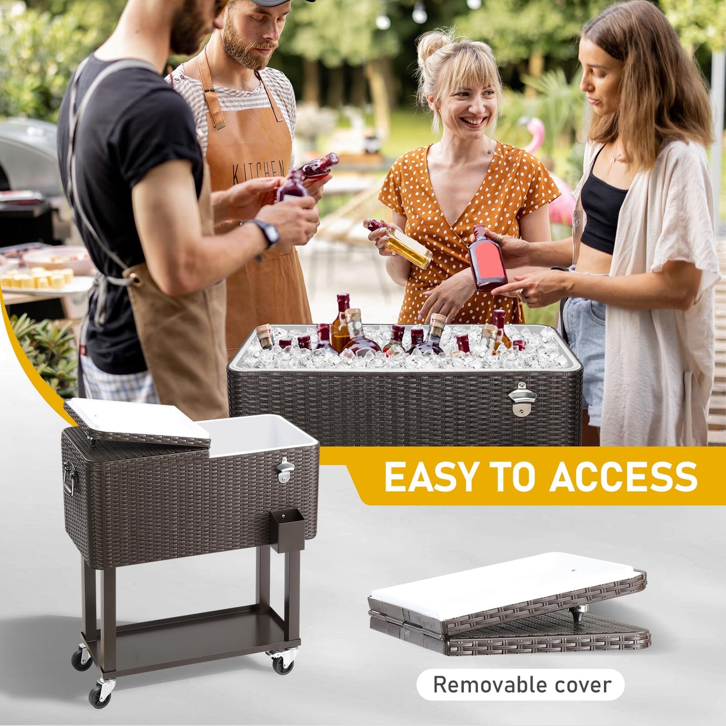 Outvita 80 Quart Rolling Ice Chest, Portable Bar Drink Cooler with Catch Basin, Bottom Storage Tray and Bottle Opener for Patio Party BBQ Beach Activities (Rattan)
