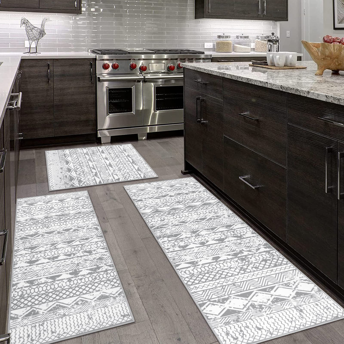 HEBE Boho Kitchen Rugs Set of 3, Non Slip Washable Kitchen Mats for Floor