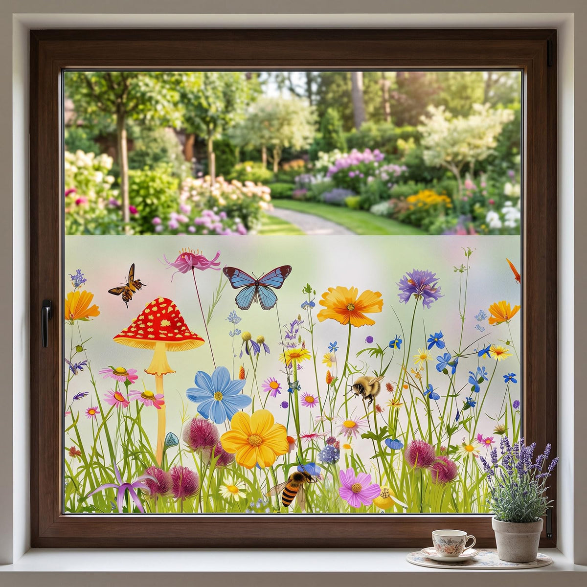 Static Cling Privacy Window Film, 78" x 17" Frosted Glass Covering with Wildflower & Botanical Patterns, Removable No Glue Window Film for Home Bathroom Bedroom Office (Wildflower 5)