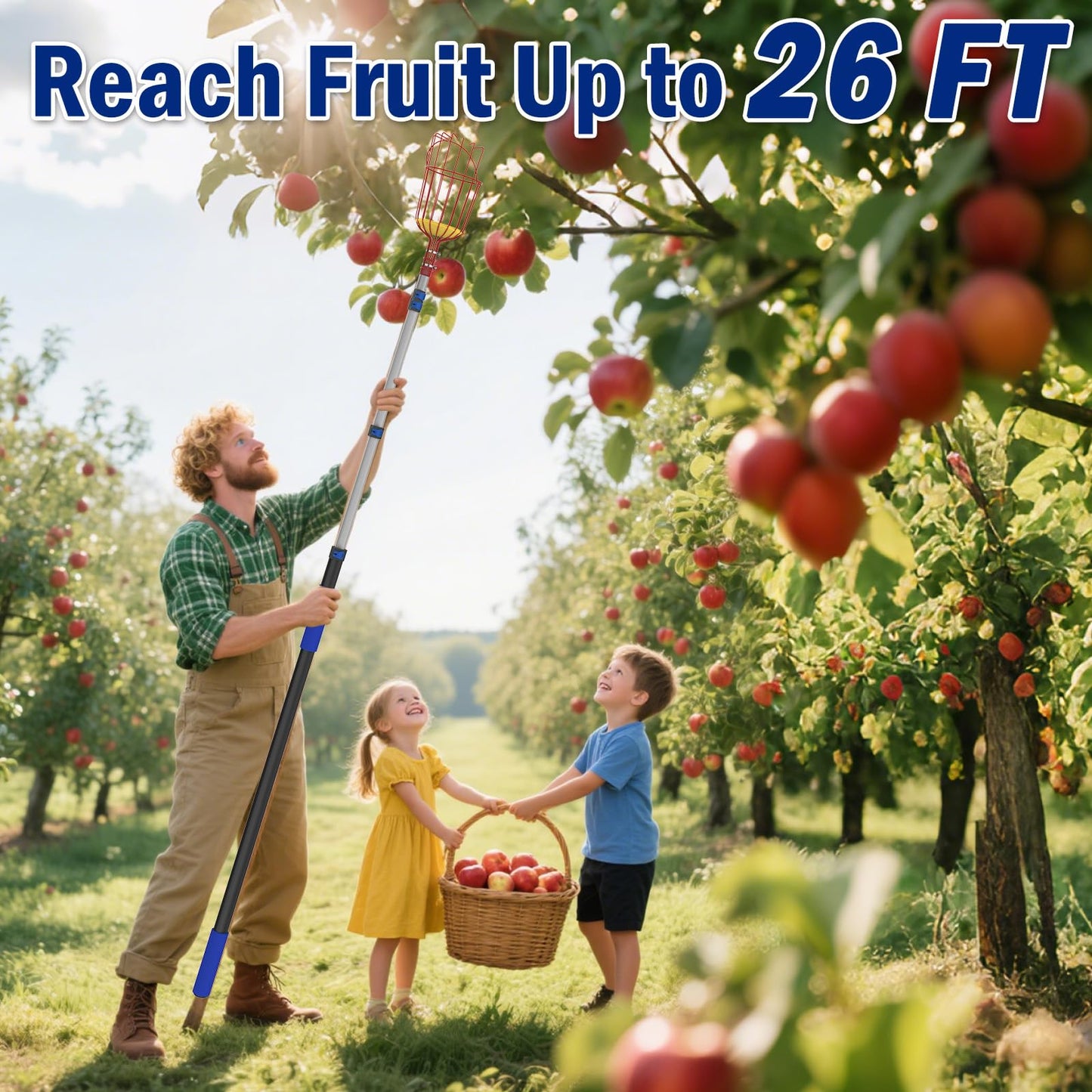 Karveden 26FT Reach Fruit Picker Pole with Basket Telescoping, 5-20FT Extendable Aluminum Apple Picker for Picking Avocados, Figs, Mangoes, Citrus Fruits - Durable Harvesting Fruit Catcher for Trees