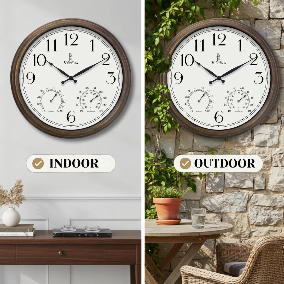 Large Outdoor Patio Clock - Waterproof Thermometer Combo, 24 Inch, Bronze