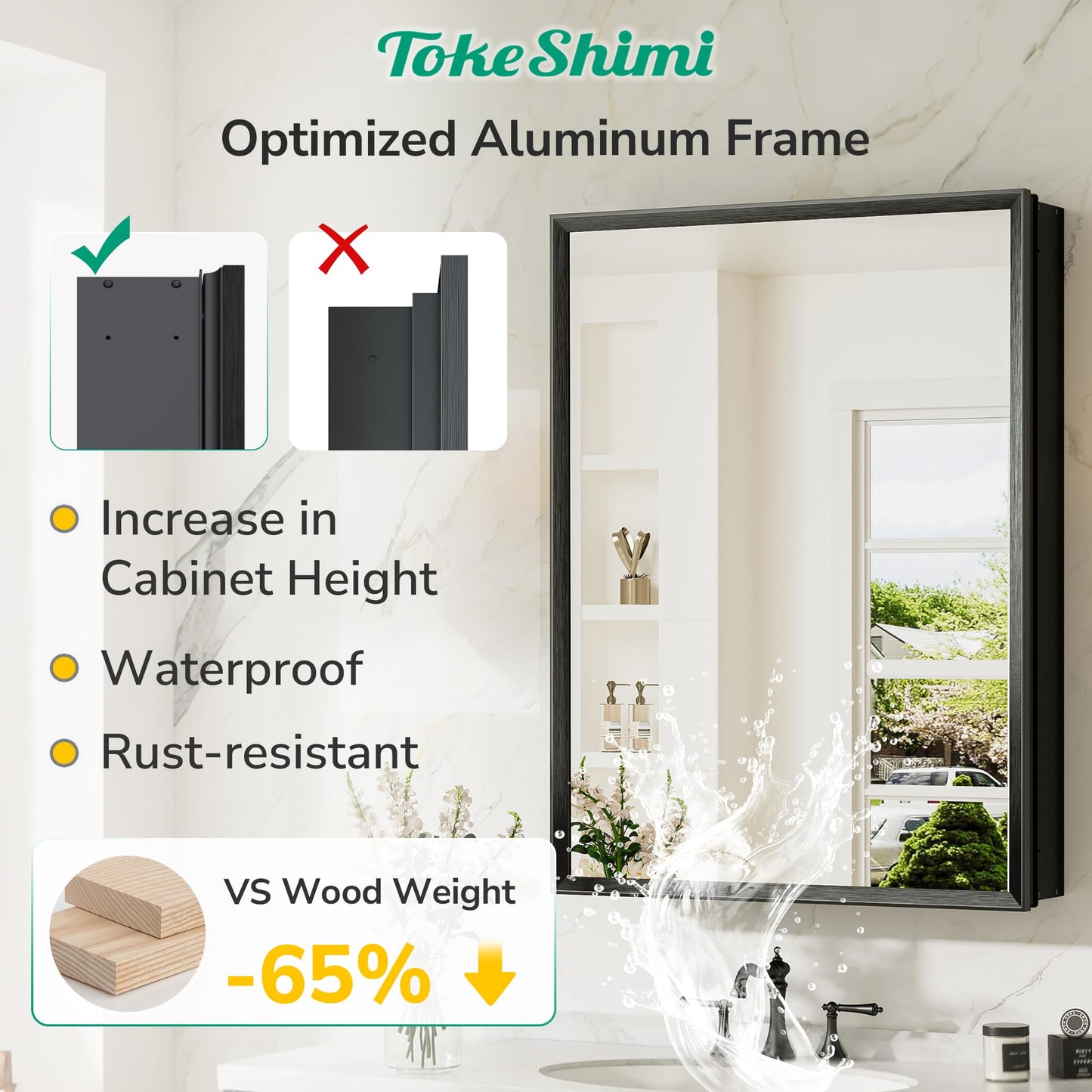 TokeShimi 14 x 18 Recessed Medicine Cabinet, Assembly Required, Black Bathroom Medicine Cabinet with Mirror, Stepless Adjustable Shelves, Tempered Glass, Beveled Aluminum Frame