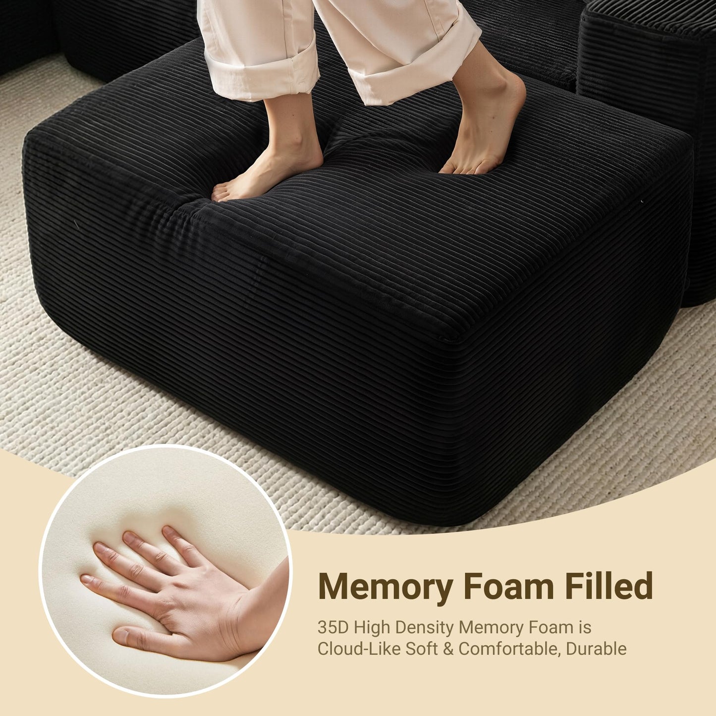 37" Square Cloud Couch Ottoman Footstool, Upholstered Foam Filling Footrest Ottomans for Couch,Large Seat,Soft Fluffy Foot Stool for Living Room Bedroom, No Assembly Required,Black,Corduroy