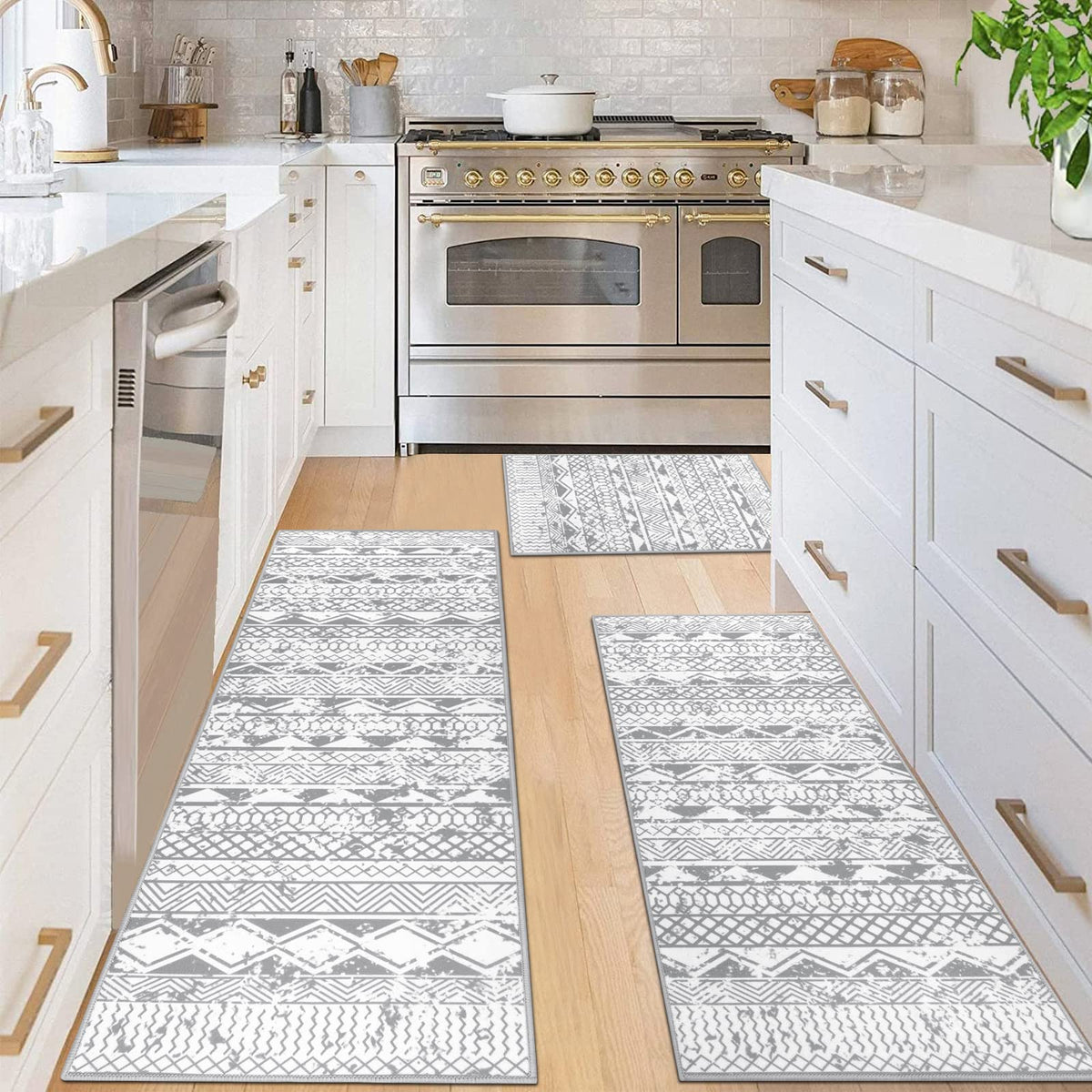 HEBE Boho Kitchen Rugs Set of 3, Non Slip Washable Kitchen Mats for Floor
