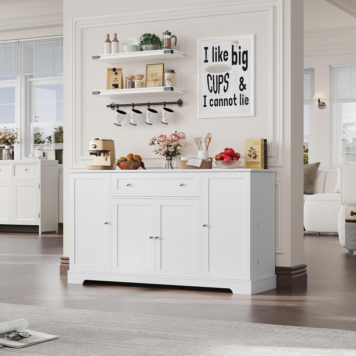 HITHOS 54" W Kitchen Buffet Cabinet with Storage, Coffee Bar Cabinet, White