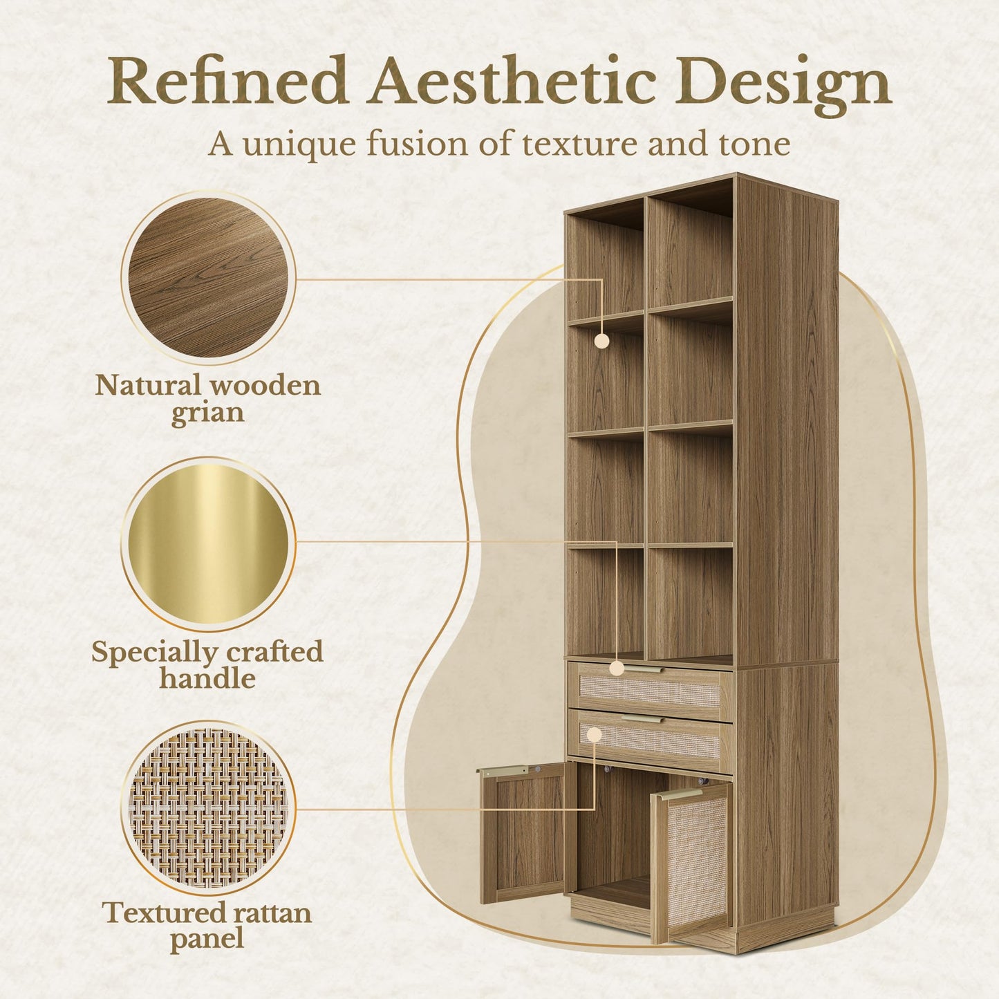 Perledesign Home Office Furniture Set, 63'' Electric Standing Desk with 73'' Bookshelf and 2 Drawer Lateral File Cabinet, Office Furniture Desk Sets, Rattan Style Natural Oak