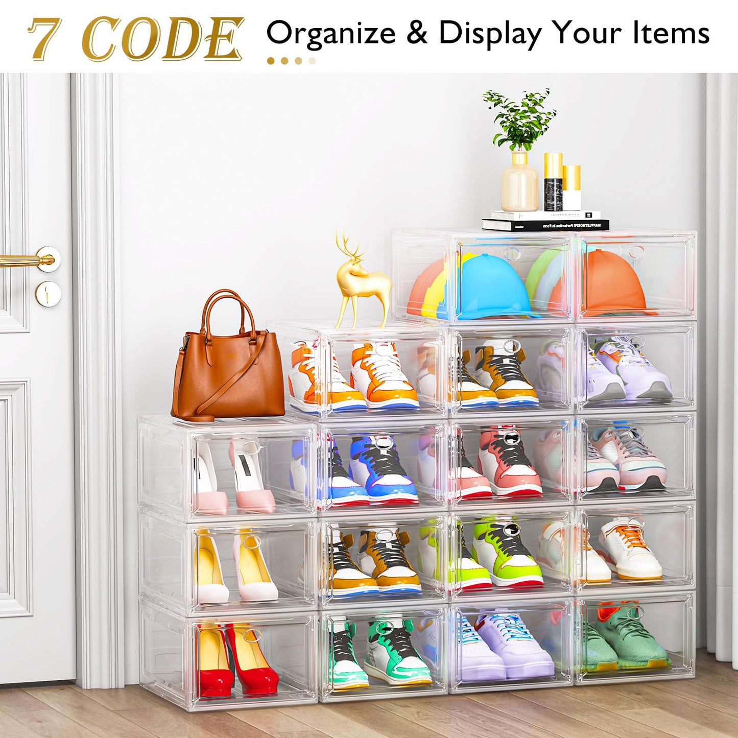 12 Pack Clear Shoe Storage Organizer with Magnetic Door,Stackable Plastic Shoe Boxes for Sneakers,Boots,and Heels,Space-Saving Foldable Shoe Rack for Closet,Durable Shoe Cabinet Organizer,White