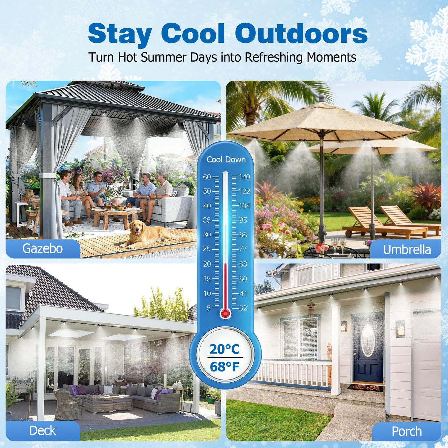 Mellbree Misters for Outside Patio 30FT/9M, Pre-Assembled Misting Cooling System with 8 Brass Nozzles & 3/4" Adapter, Outdoor Mister for Backyard, Garden, Greenhouse, Chicken Coop, Dog House