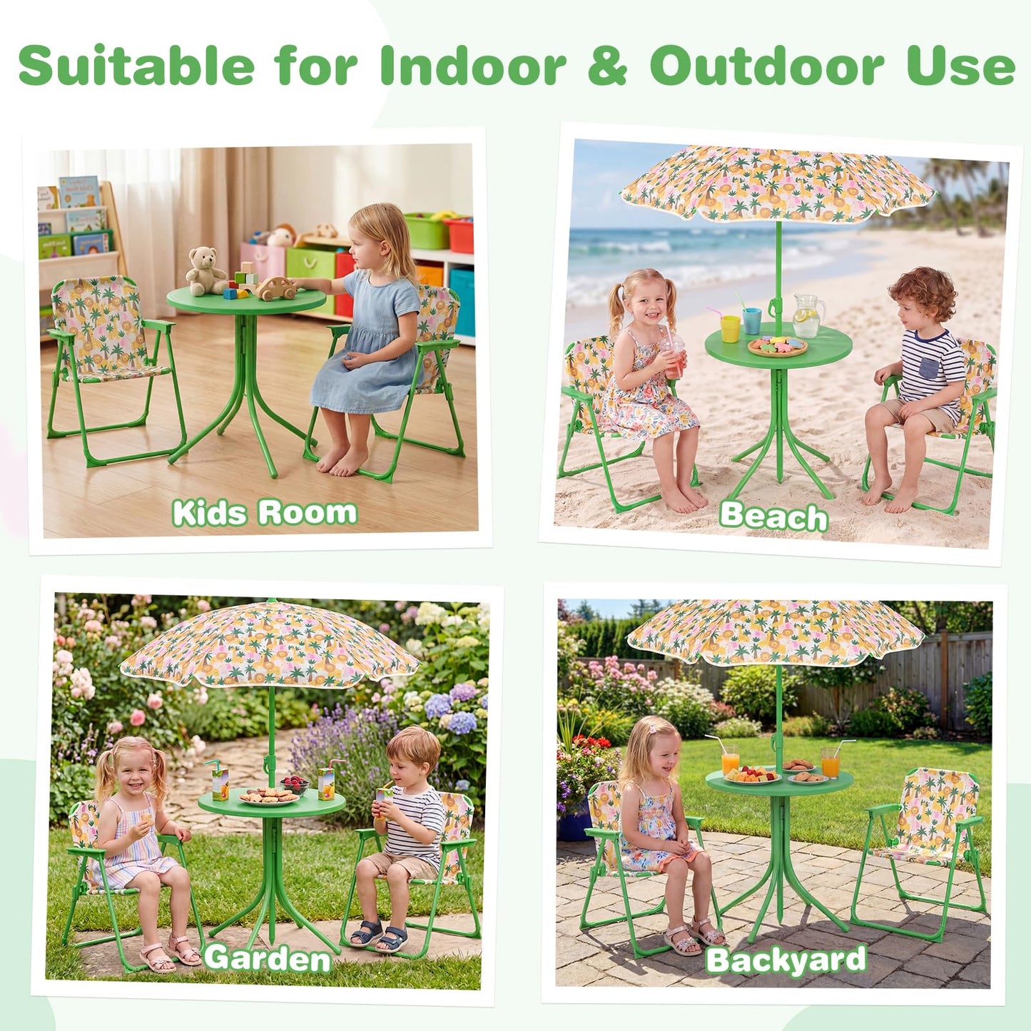 Costzon Kids Picnic Table, Kids Outdoor Table with 2 Folding Chairs, Height Adjustable Umbrella, Portable Children Outdoor Furniture for Patio, Garden, Backyard (Green Forest)
