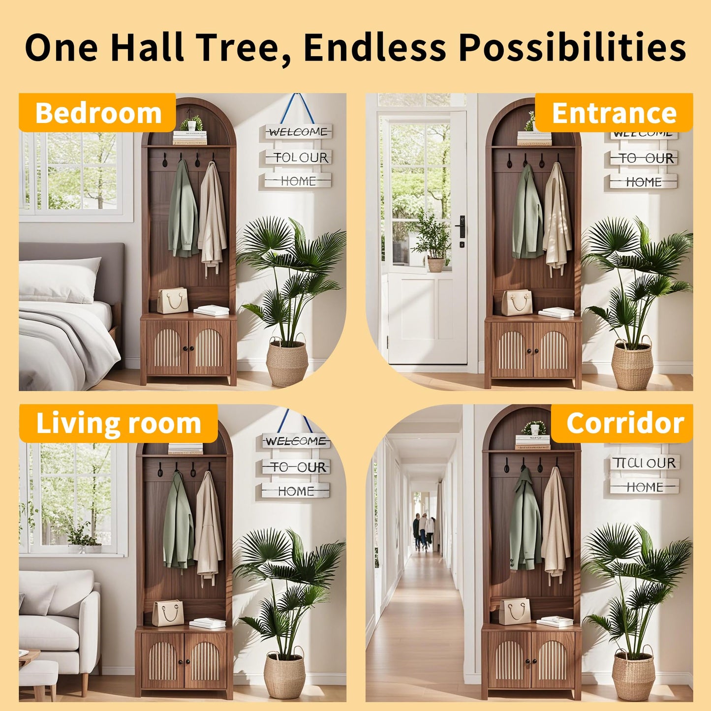 Hall Tree with Bench and Shoe Storage, Entryway Storage Bench with Coat Rack, 70.9"Arch Coat Rack with 4 Hooks and 2 Fluted Doors, Farmhouse Style Furniture Organizer for Hallway (Walnut, 23.7"W)
