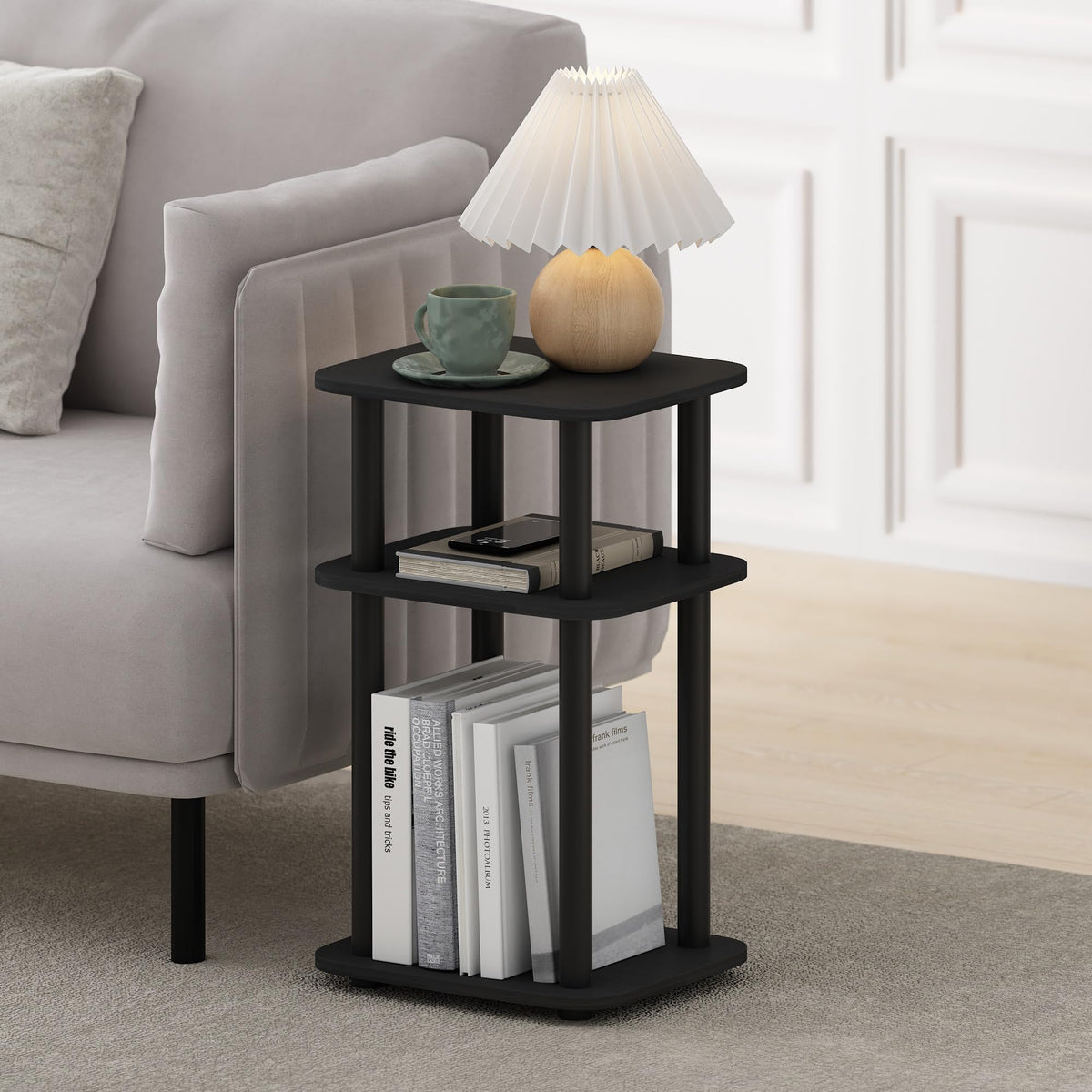 Furinno JUST 3-Tier Telephone Table, Turn-N-Tube Toolless Side Table with Open Shelf, Round Curve Corner Night Stand, Bedside Table, for Living Room, Bedroom, Americano