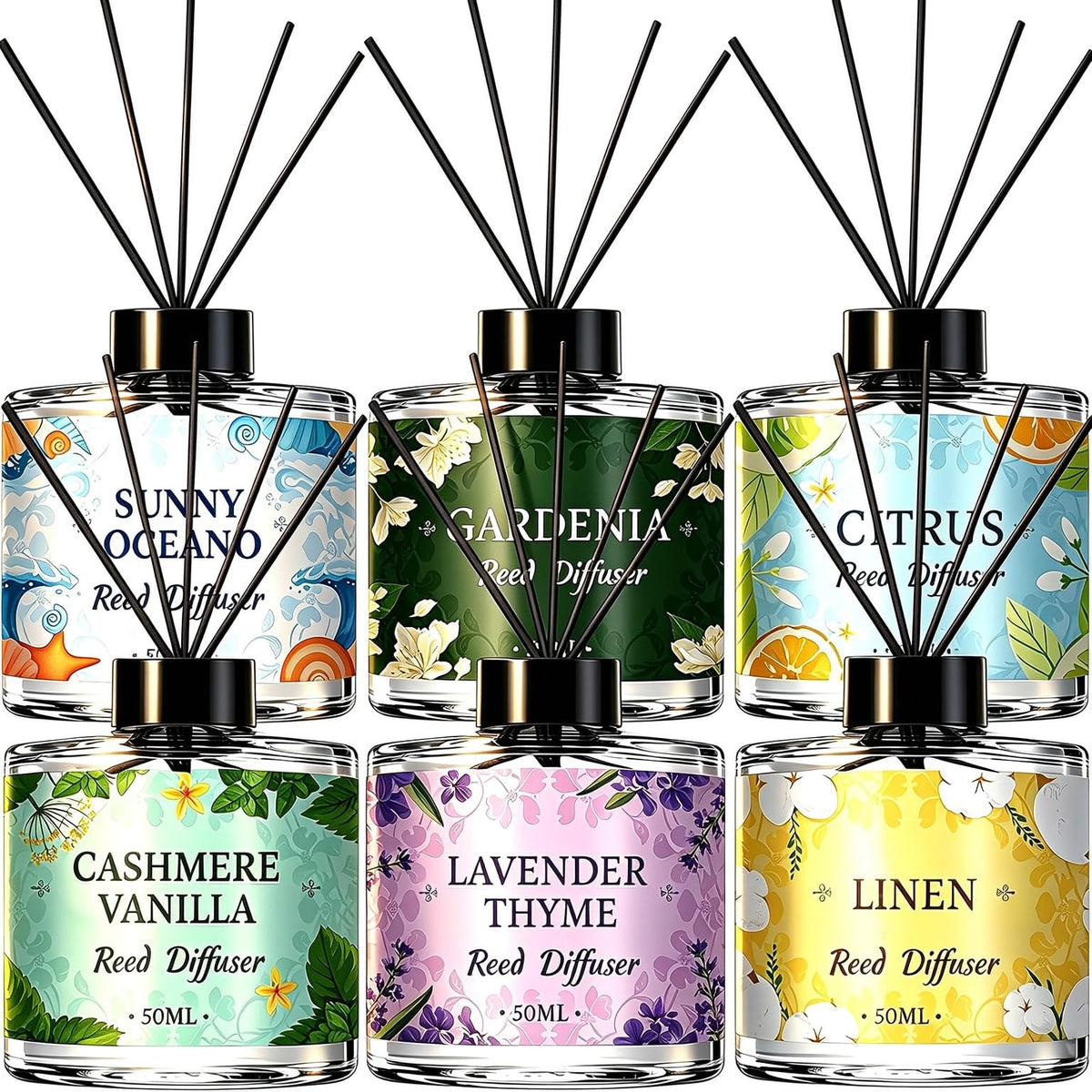 6 Pack Reed Diffuser Set, 10.14 Oz Reed Diffusers for Home with 30 Sticks