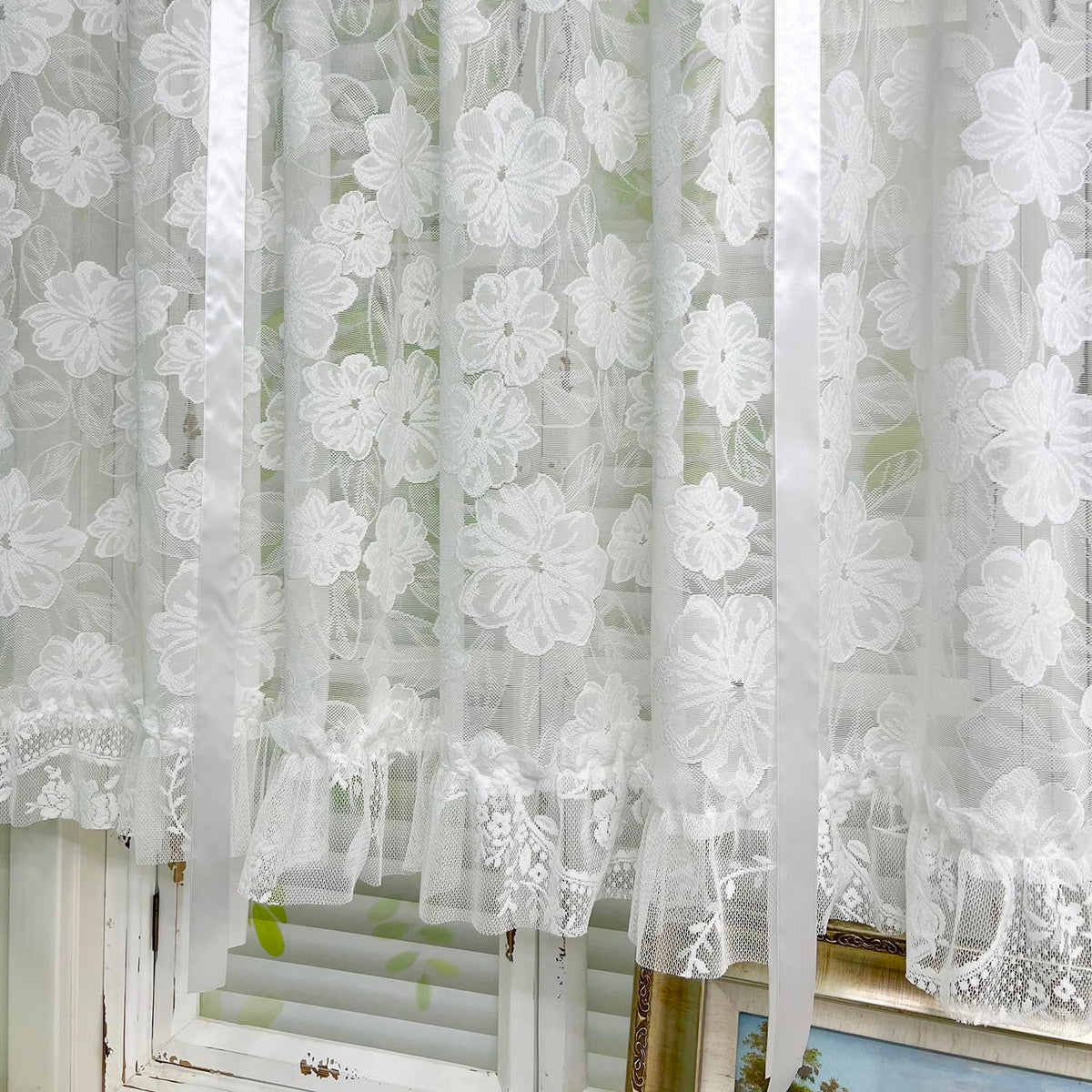 Tie Up Floral Lace Sheer Curtain Jacquard Balloon Curtain Shade for Kitchen