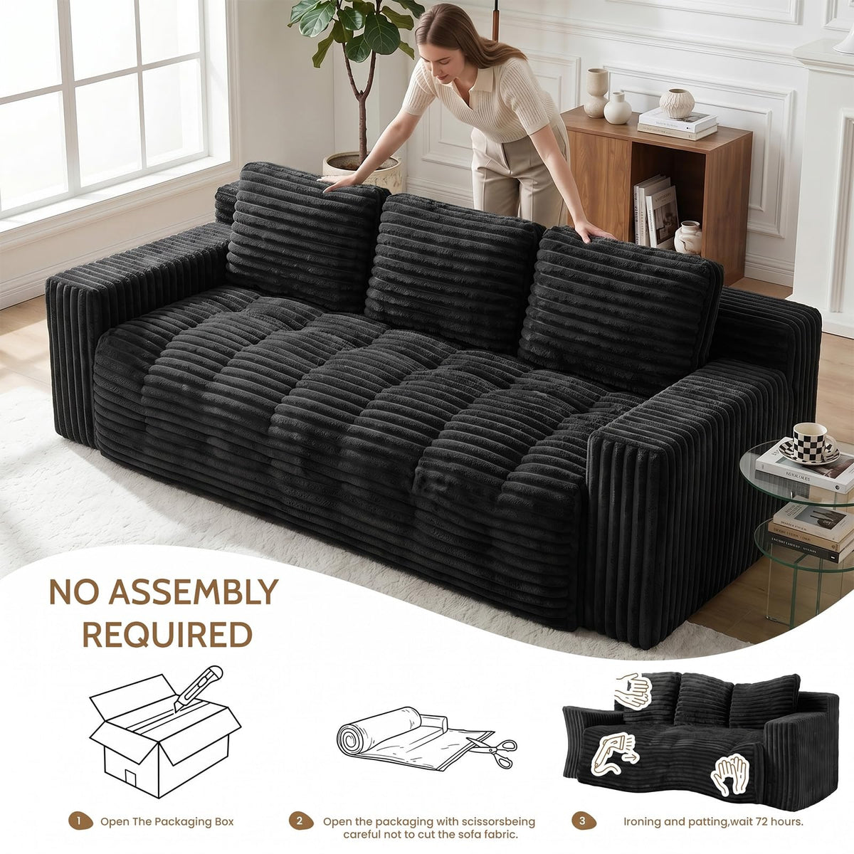 Tykacna 70” Boneless Couch, 3 Seater Sofa Couch with Extra Deep Seats 3 Pillows,Corduroy Modern Small Couch for Living Room, Office, Bedroom, Apartment,Black