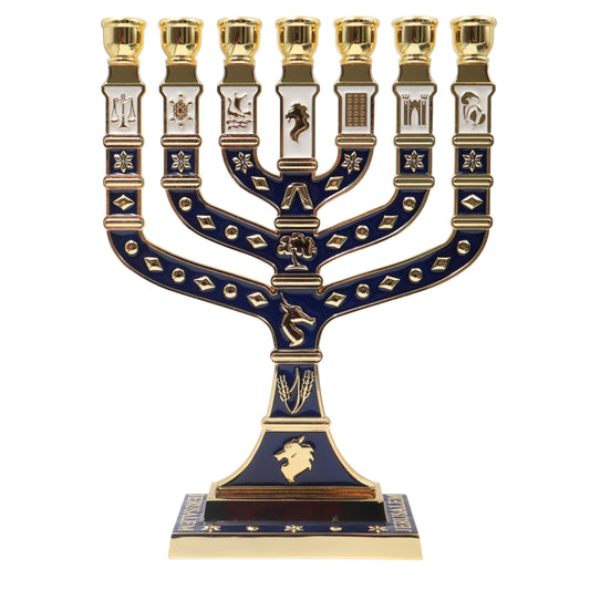 Ateret Judaica 7 Branch Temple Menorah, Blue Enamel Jerusalem Design with 12 Tribes of Israel, Biblical Seven Candle Holder (10.8 inch)