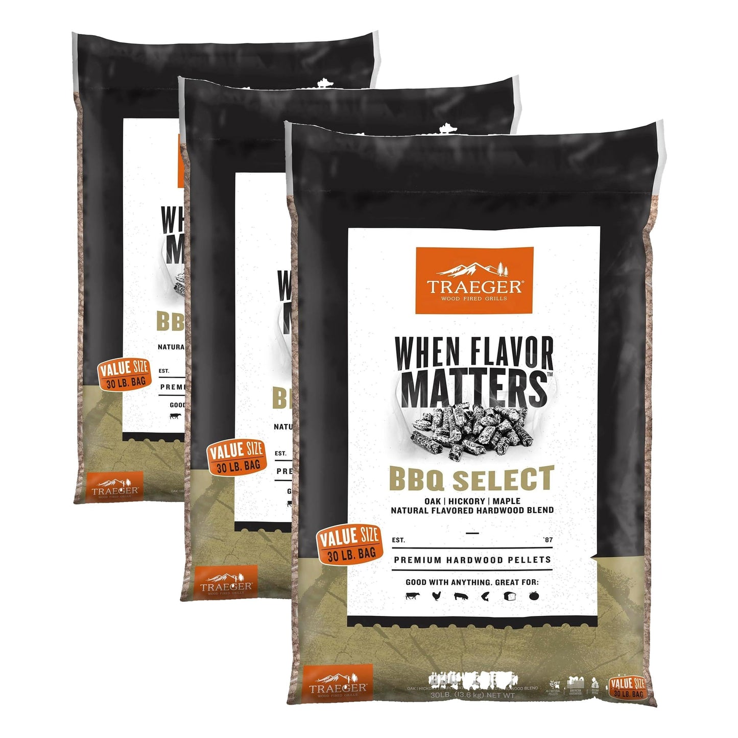 Traeger Grills BBQ Select 100% All-Natural Wood Pellets for Smokers and Pellet Grills, BBQ, Bake, Roast, and Grill, 30 lb. Bag (Pack of 3)