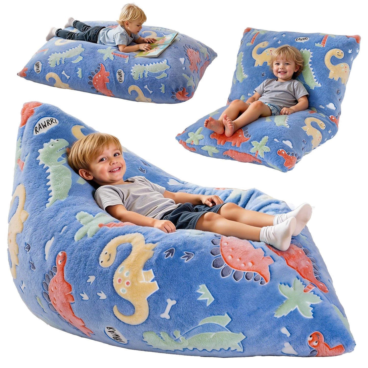 BRINJOY Kids Bean Bag Chair Bed, 3 in 1 Memory Foam Filled Bean Bag Sofa with Removable Cover for Playroom Daycare Bedroom, Toddlers Lazy Floor Mattress Lounger for Boys Girls, Glowing Dinosaur