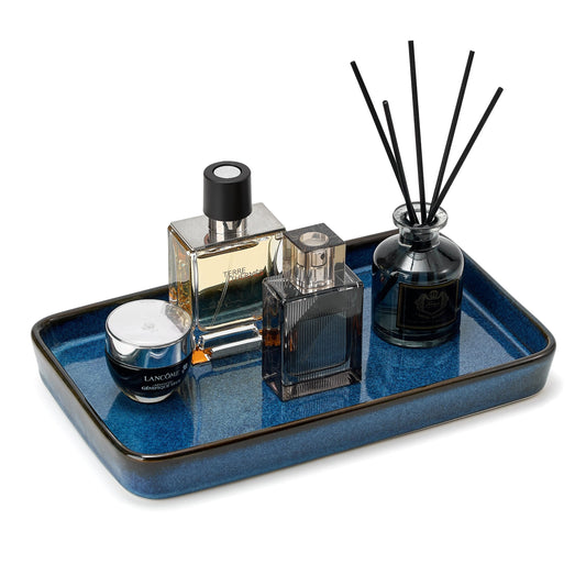 10"×6"×1" Bathroom Vanity Tray for Countertop- Ceramic Decorative Organizer Tray for Dresser Tops, Toilet, Perfume, Sponge Holder Soap Dish Dispenser for Kitchen Counter- Kiln-Transformed Blue