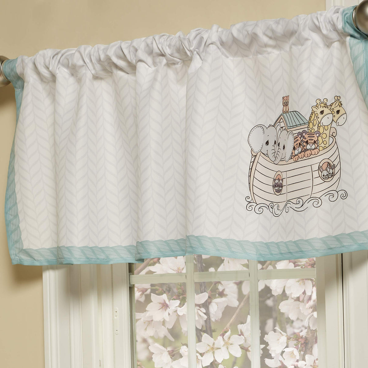EVERYDAY KIDS Precious Moments Noah’s Ark Window Valance for Toddler and Baby Boys Animal Image of Giraffes, Tigers and Elephants on the Ark with Blue Border - 60x15” Window Décor for Children