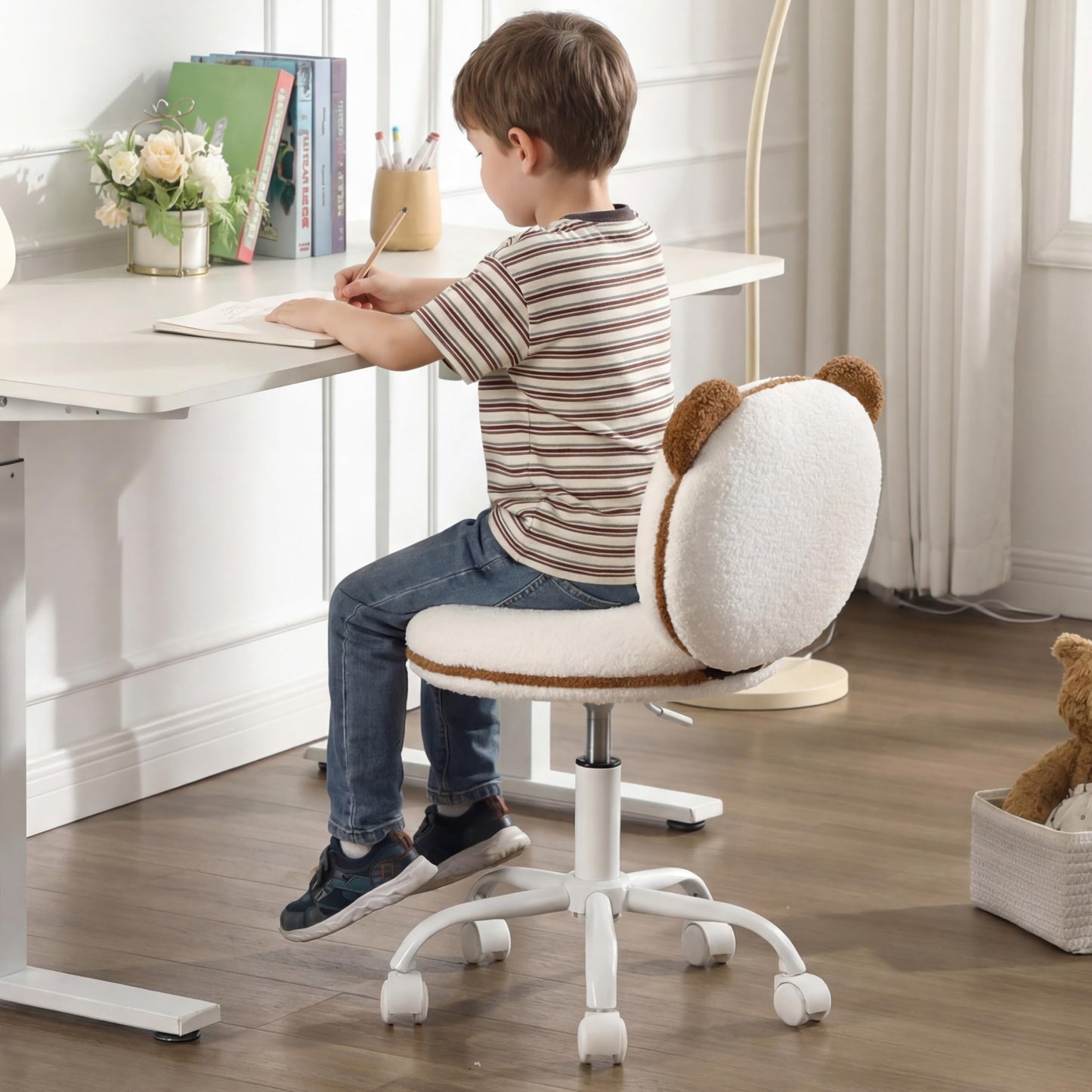 DAYAOUTDOOR Kids Desk Chairs Panda, Desk Chair Comfy for 8-12, Kids Computer Chairs with Wheels, Kid Furniture for Bedroom, Cute Fluffy Office Chairs, Adjustable Ergonomic Study Chair, Brown