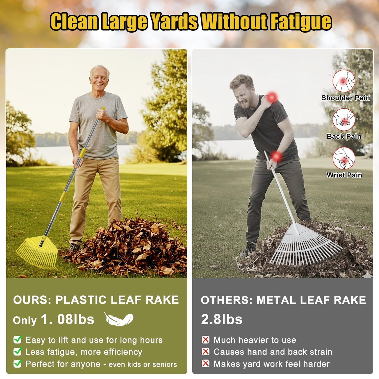 Plastic Leaf Rake for Lawns - Lightweight & Anti-Break Nylon Head, 16.5'' Wide Yard & Garden Rake for Leaves, Grass, Pine Needles, Adjustable Long Handle Easy Use for Women,Seniors,Kids