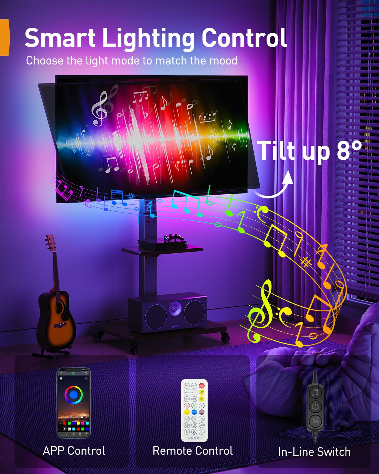 Perlegear Rolling TV Stand with LED Lights for 32”-77” TVs up to 110 lbs, Mobile TV Stand with Swivel, Tilt, and 18 Height Levels, TV Cart with Wheels and Solid Wood Base, Max VESA 600x400mm, PGTVC32B