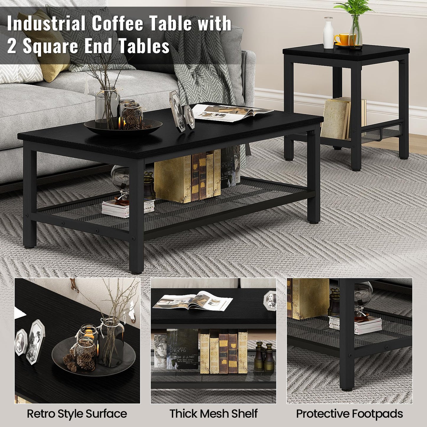 furlinkhm Coffee Table Set of 3, Industrial Coffee Table with 2 Square End Side Tables, Modern Living Room Table Set, with Metal Frame, for Apartment Home Office, Black
