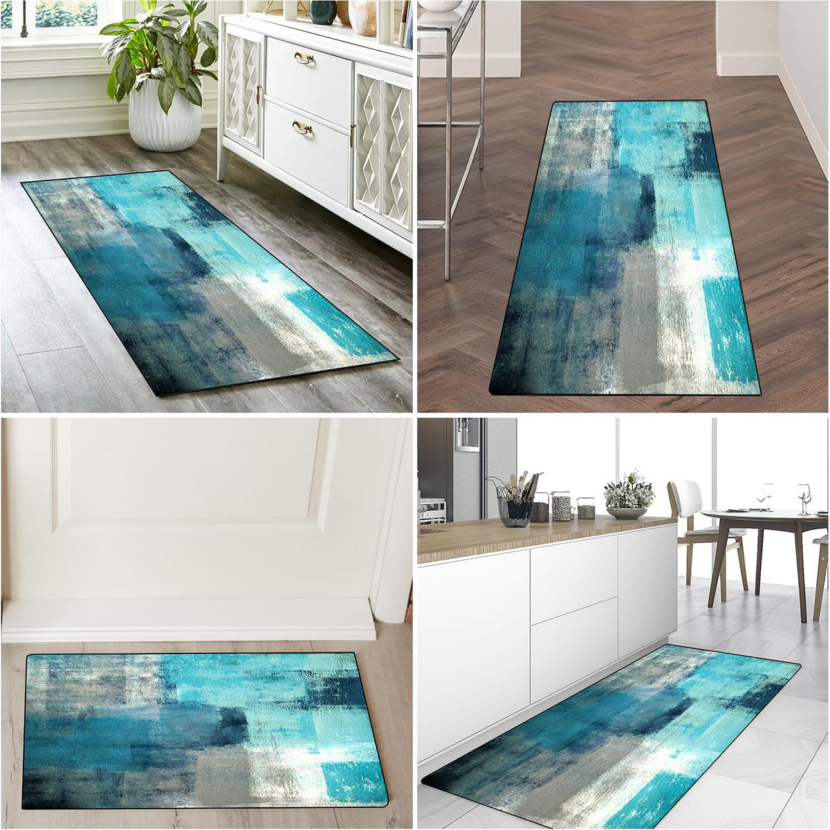 TOMWISH Teal Grey Abstract Art Kitchen Mat Turquoise Kitchen Rugs Sets 3PCS