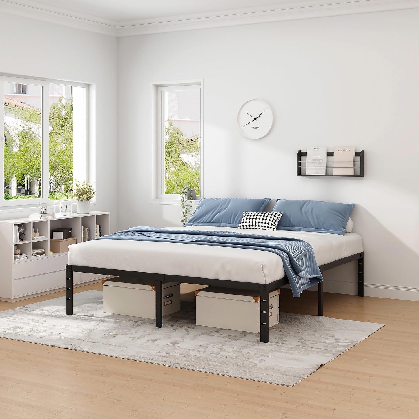 NEW JETO Metal Bed Frame,King Size Bed Frame with Storage Space,Heavy Duty Sturdy Mattress Foundation,Easy Assembly,No Box Spring Needed, Black,18 Inch,King