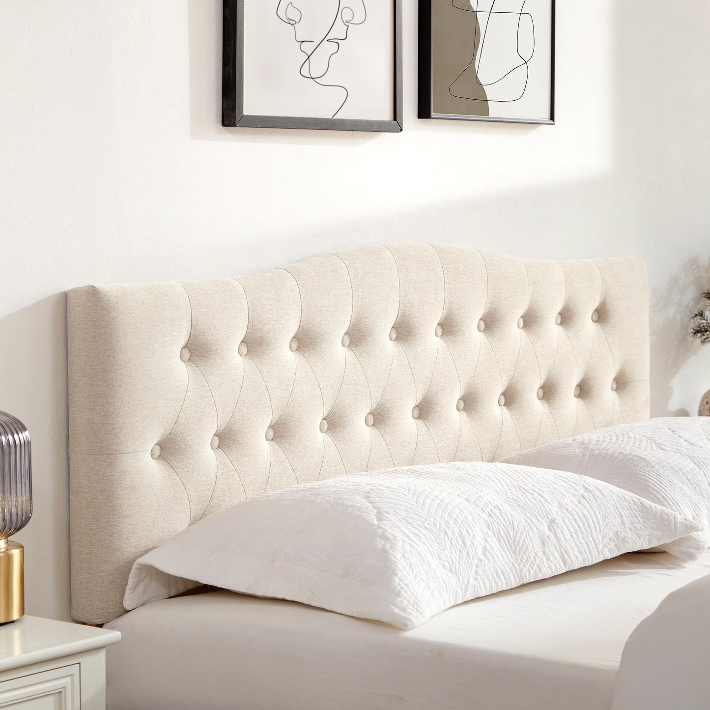 Huatean Home Tufted Upholstered Headboard California King, Sturdy and Durable Solid Wood Bed headboard, Fabric Headboard Adjustable Height from 37” to 51”, Button Diamond Design Head Board, Beige