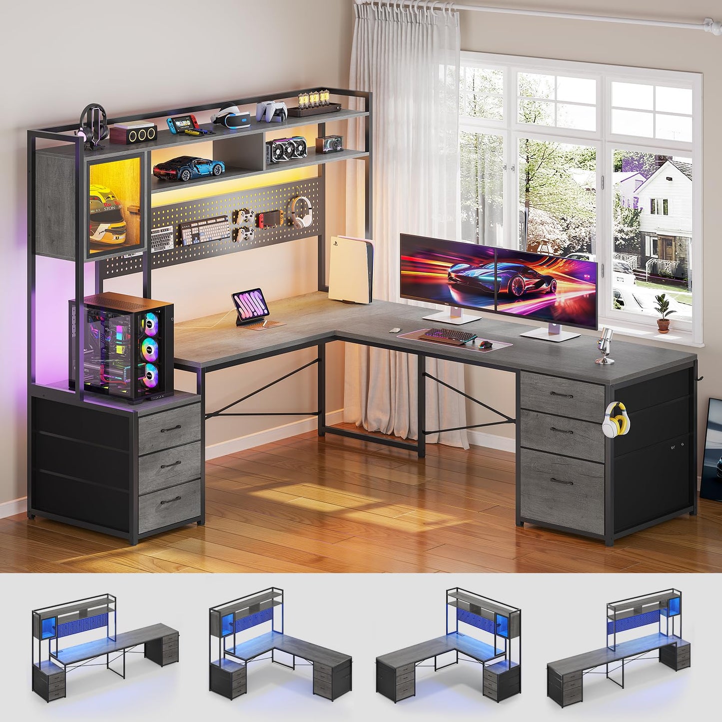 SEDETA Reversible L Shaped Gaming Desk with 6 Drawers, Hutch, Led Lights