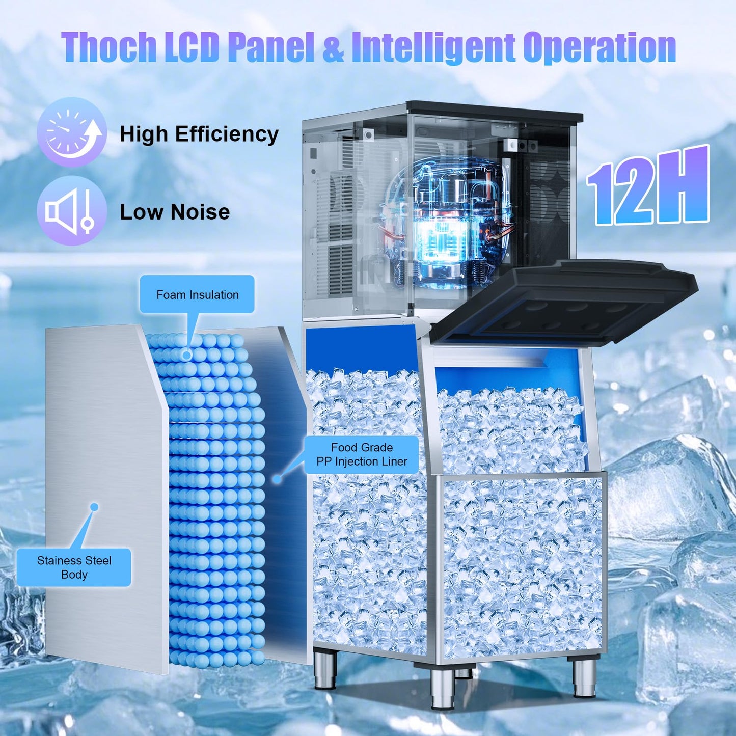 Bibrsa Commercial Ice Maker Machine 480LBS/24H, 360LBS Storage Bin, Ice Ready in 8-15 Mins, Self-Cleaning Mode, Freestanding Ice Maker, Stainless Steel Industrial Ice Machine for Restaurant/Bar/Cafe