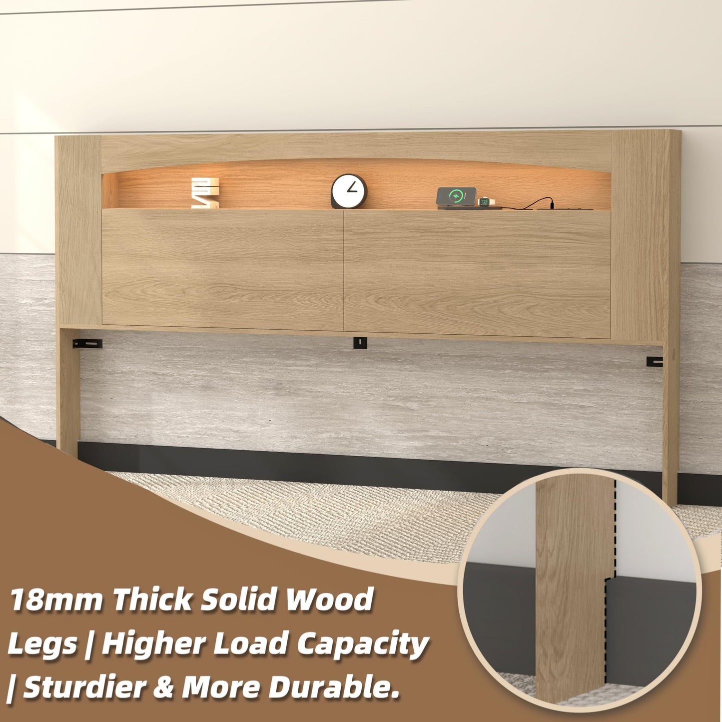 KATYGLORY King Size Headboard Only Modern Sturdy Wooden Bed Backboard Wall Mounted Head Board, 3 Storage Zones, Unique Skirting Groove, High Load Capacity with Solid Wood Leg (Oak, King)
