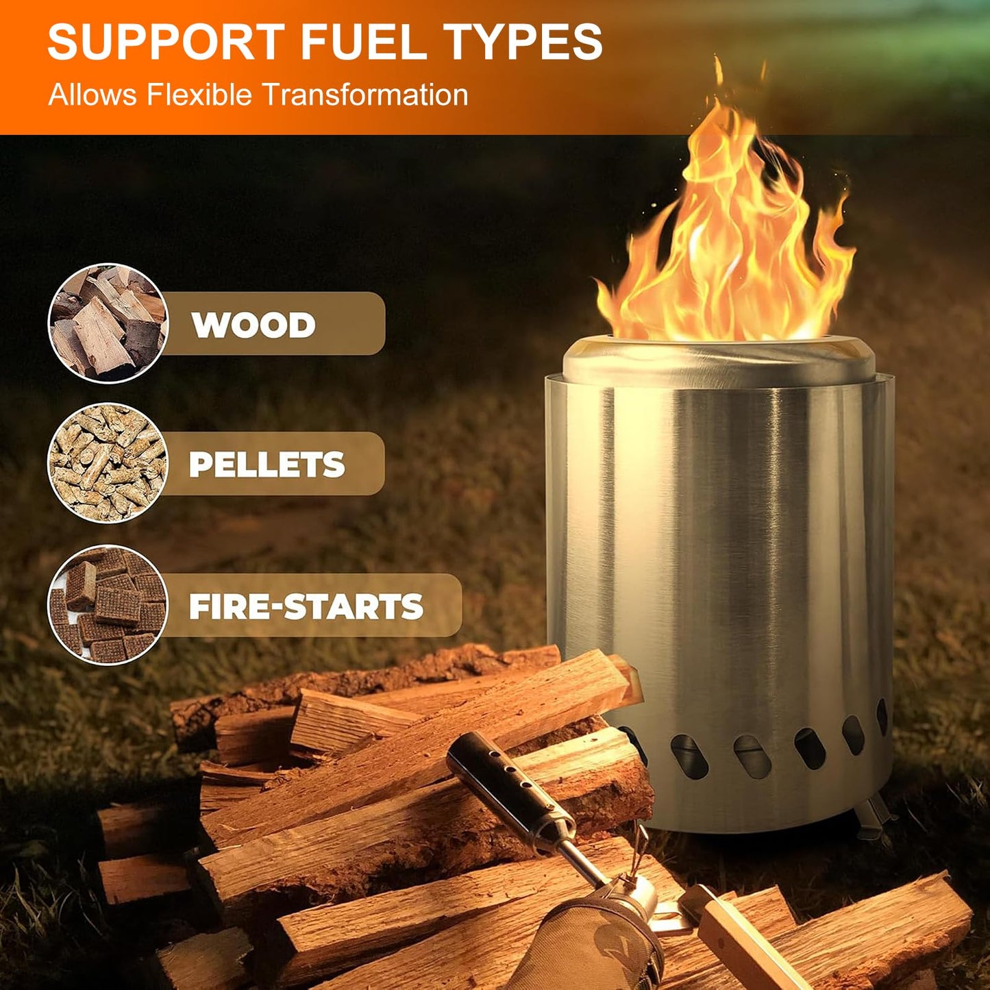 FAHKNS Smokeless Tabletop Fire Pit, 304 Stainless Steel Mini Tabletop Fire Pit for Deck and Outdoor Camping, Removable Ashtray, Dual Fuel Stove, Silicone Mat and Travel Bag, 5.5 * 8IN