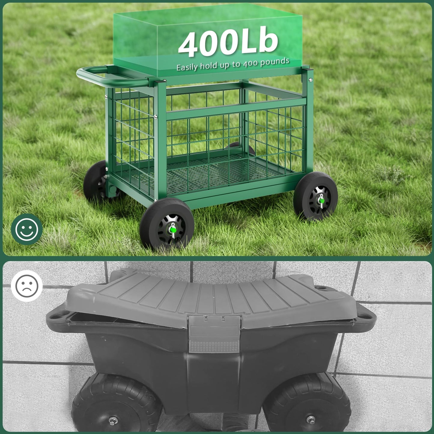 FLINTER Rolling Garden Work Seat with Wheels, Upgraded Heavy Duty Gardenning Cart with Seat - Garden Rolling Stools with Wheels for Seniors, Lawn, Patio & Backyard Gardening, Green