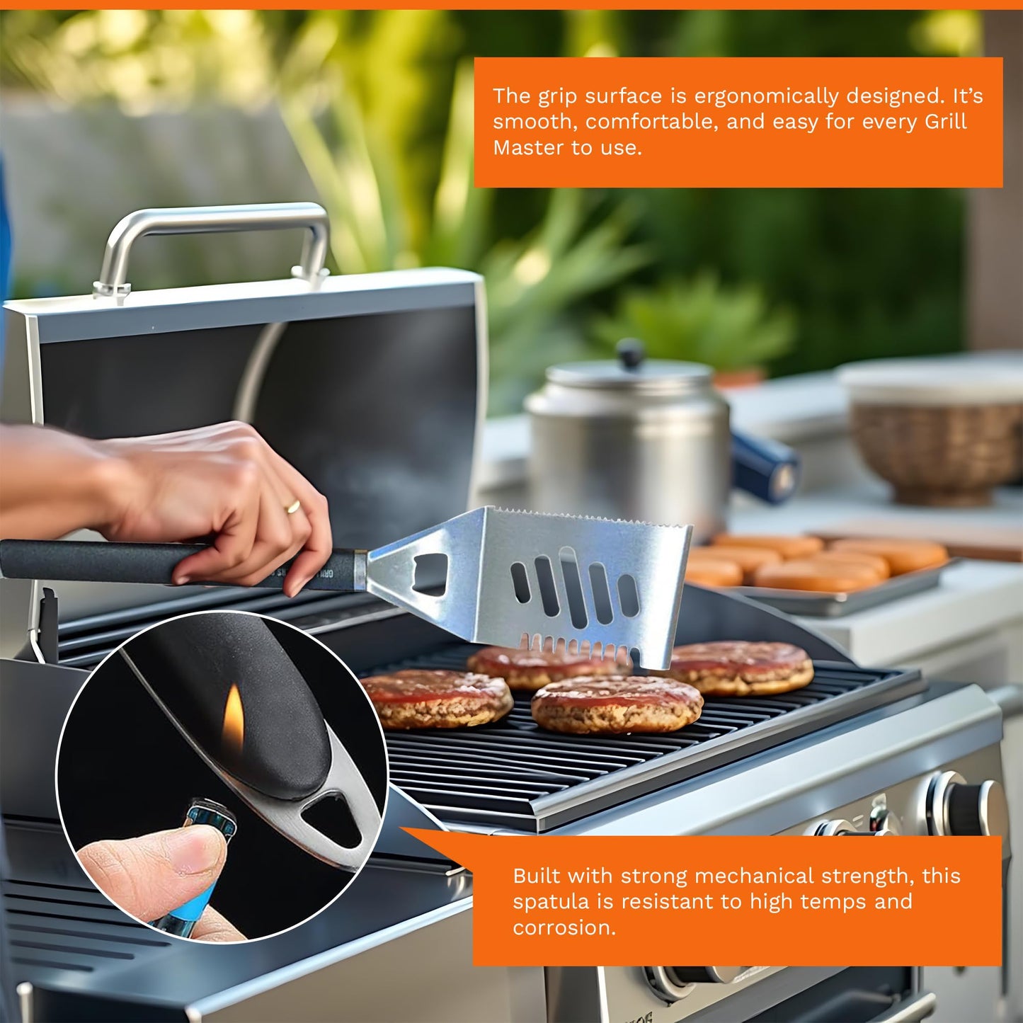 Grill Masters Club 4-in-1 BBQ Spatula | Multifunctional Stainless Steel Grill Spatula with Polypropylene Handle, Serrated Edges, Bottle Opener | Perfect for BBQ grills, kebabs for Camping & Picnics