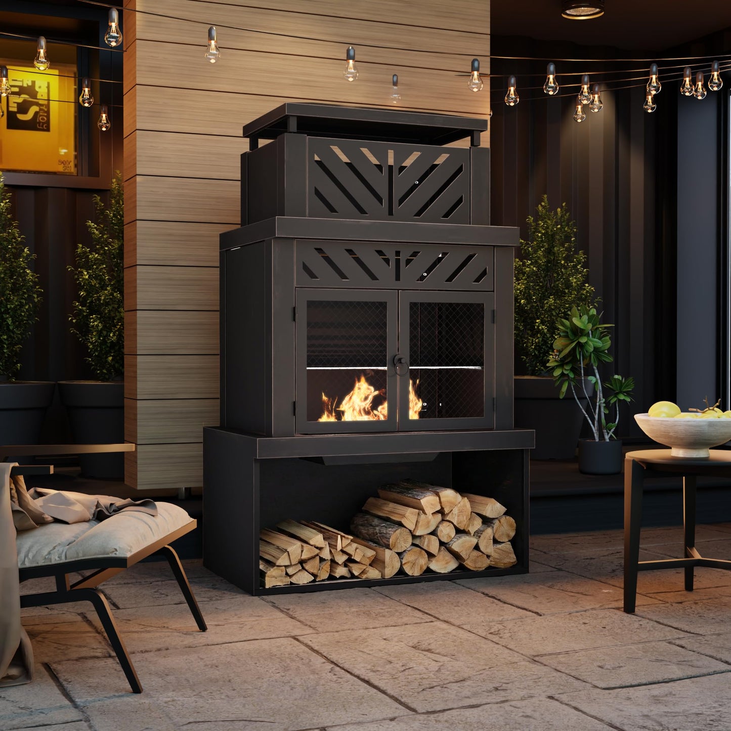 Gardenbee 31.5" Outdoor Wood Fireplace with Chimney and Wood Storage, Fireplace with Fire Pocker, BBQ Grill & Gloves, Outside Removable Fire Pit for Patio, Garden and Deck, Black