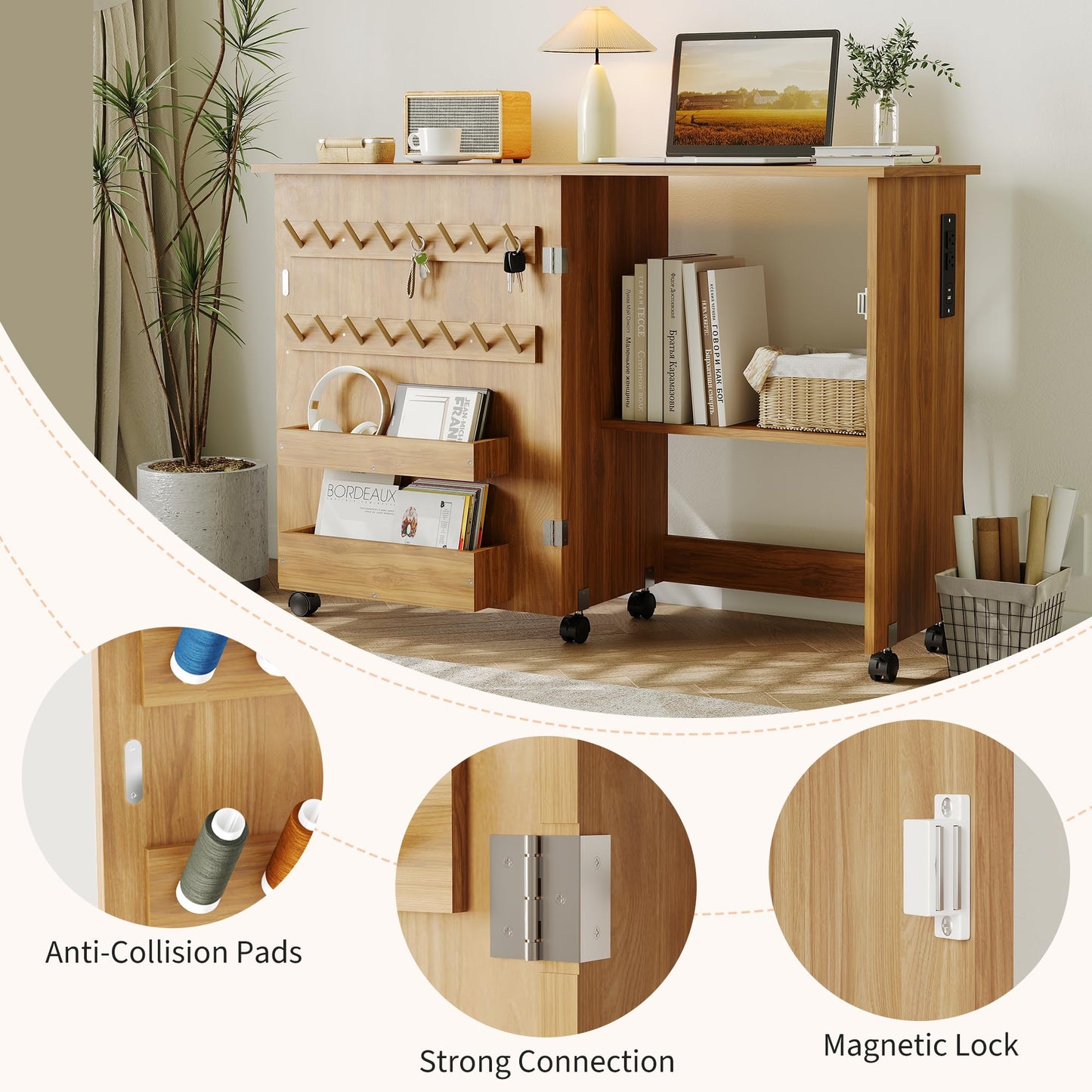 Folding Sewing Machine Table with Charging Station, Rolling Craft Table with Lockable Wheels, Storage Trays & Shelf, Pegs, Magnetic Locks, Foldable Sewing Machine Cabinet Desk for Small Spaces, Brown
