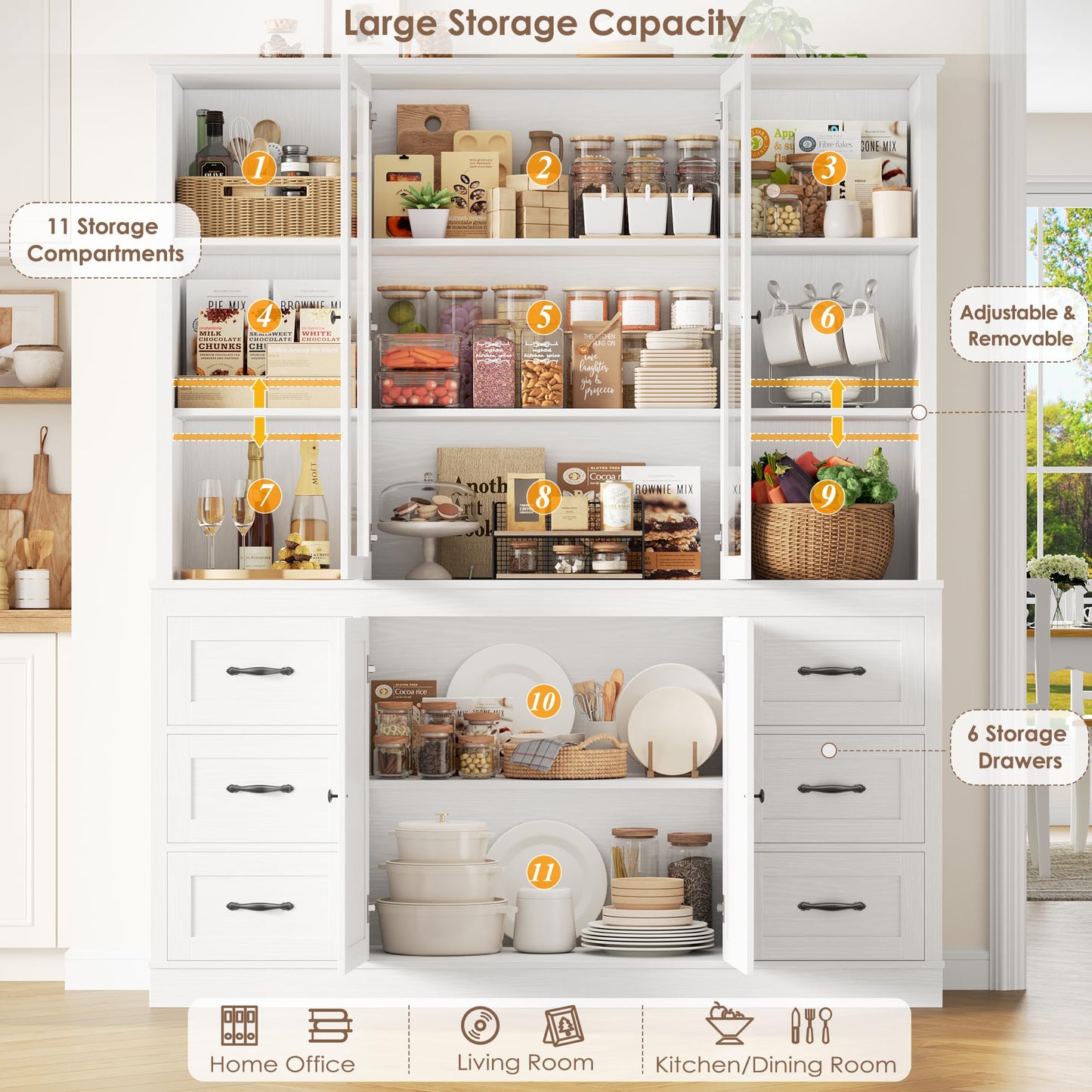 HIFIT 74.4''Hx63''W Large Pantry Cabinet for Food Storage, Kitchen Hutch Cabinet with Storage, Glass Doors Tall Wine Bar Cabinet, Large Bookcase with Drawers, White