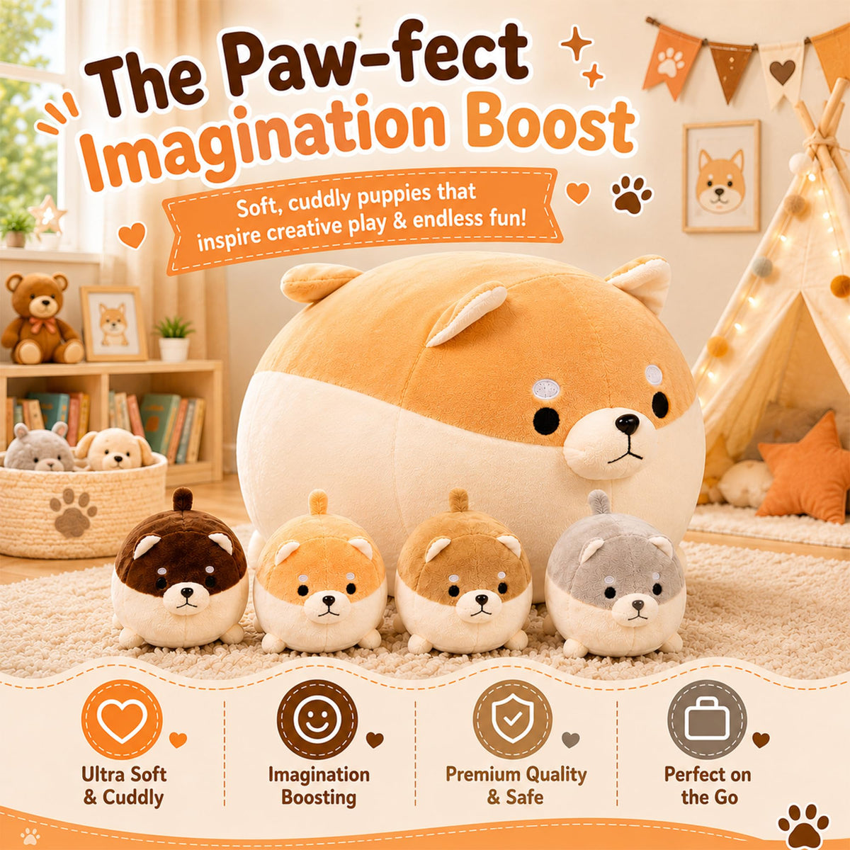 PixieCrush Stuffed Dog Toy - Cute Plushies Shiba Inu Mommy with 4 Puppies - Adorable Plush Pillow for Imaginative Play - Puppy Surprise Soft Animal Toy Set for Girls - Stuffed Animals for Ages 3-8