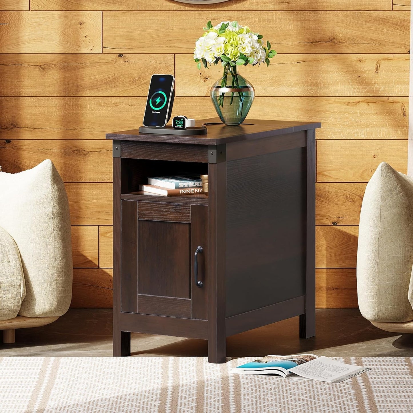 WLIVE End Table with Charging Station, Narrow Side Table for Living Room, Farmhouse Night Stand with Storage, Small Wooden Nightstand with USB Ports and Outlets for Living Room and Bedroom, Espresso