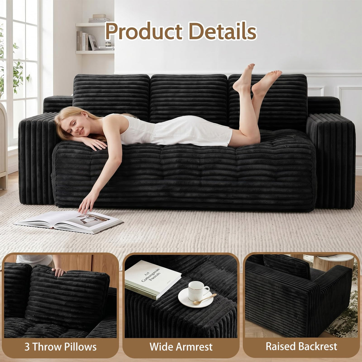 Tykacna 70” Boneless Couch, 3 Seater Sofa Couch with Extra Deep Seats 3 Pillows,Corduroy Modern Small Couch for Living Room, Office, Bedroom, Apartment,Black