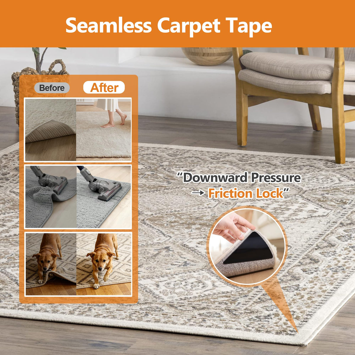 Tiergrade 16 Pcs Rug Tape,Anti Slip Rug Pads Grippers for Hardwood Floors and Tiles,with Strong Adhesive Grid Backing-No Residue,Reusable Carpet Tape, Double-Sided Adhesive Rug Stickers
