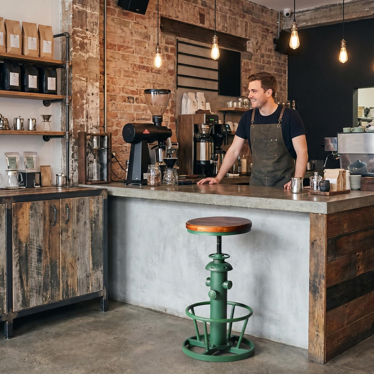 Topower Vintage adged Green Fire Hydrant Bar Stool, Solid Wood Seat, Industrial Bar Chair for Home Cafe Pub