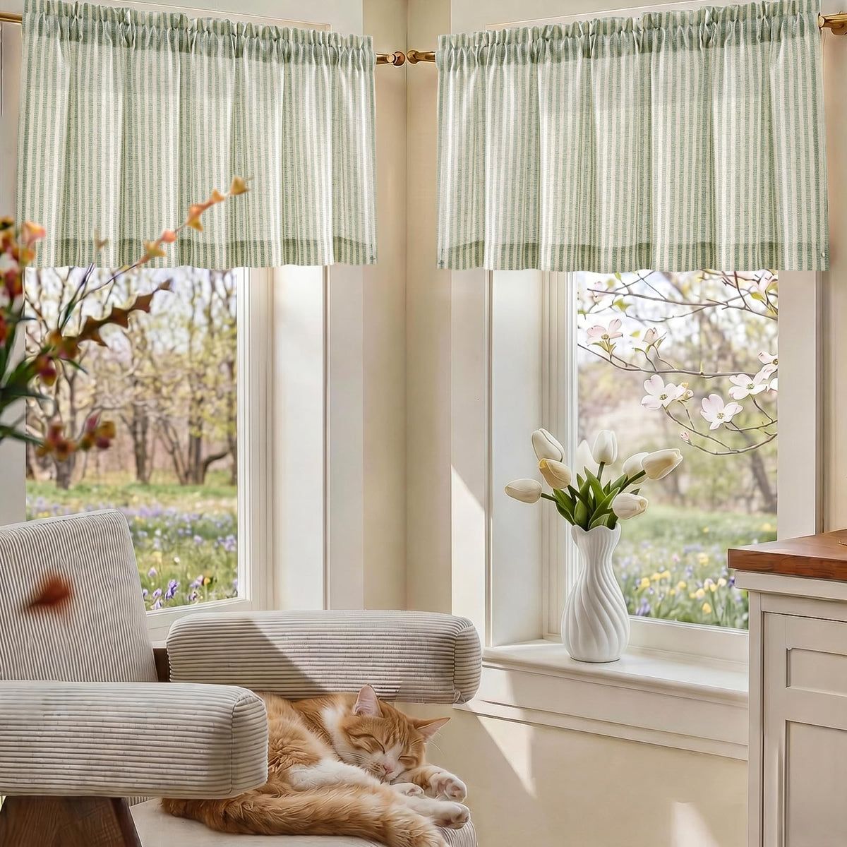 jinchan Linen Boxter Stripe Valances for Window 16 inch,Sage Green,1 Panel