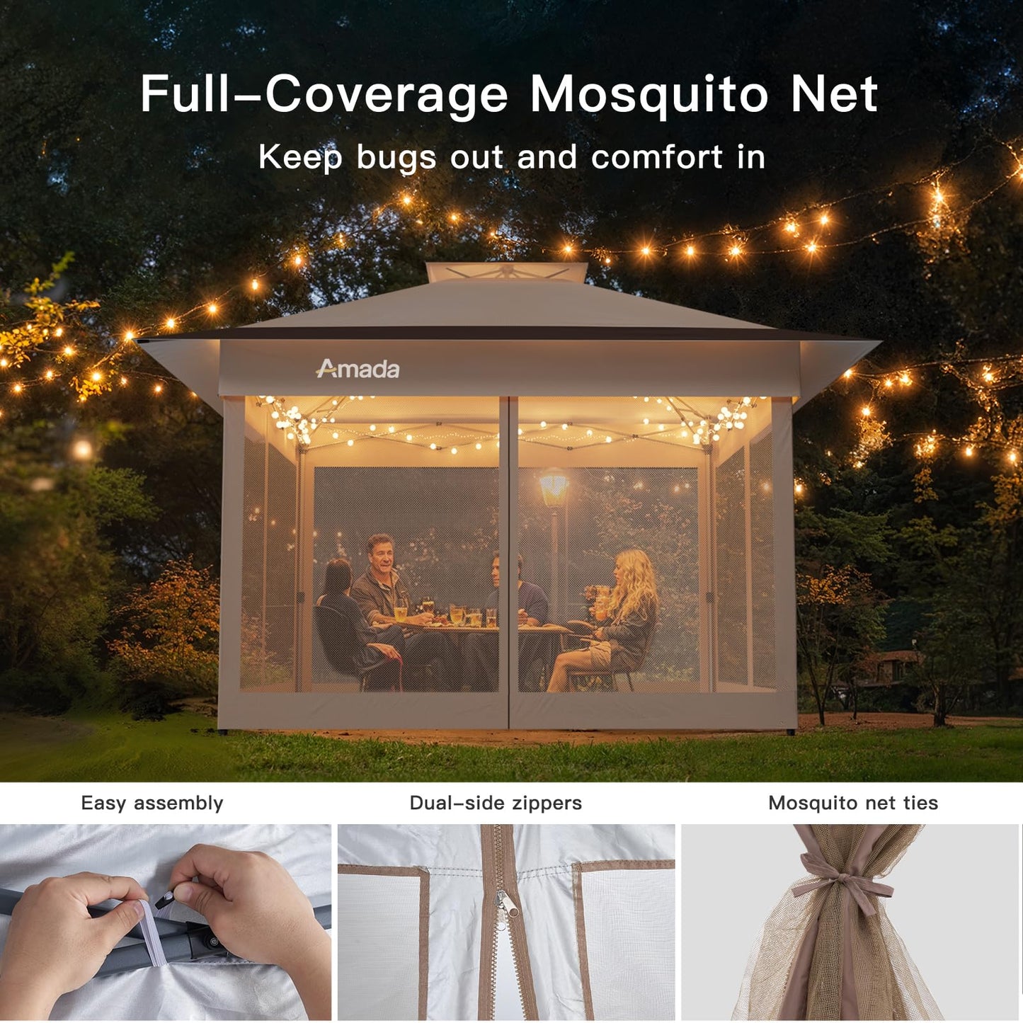 Amada 13x13 Pop Up Outdoor Gazebos on Clearance for Backyard & Patio Furniture with Wheeled STO-N-Go Cover Bag, Carpa Pop Up Tent with Shelter Mosquito for Patio, Lawn, Garden(13×13ft, Khaki)