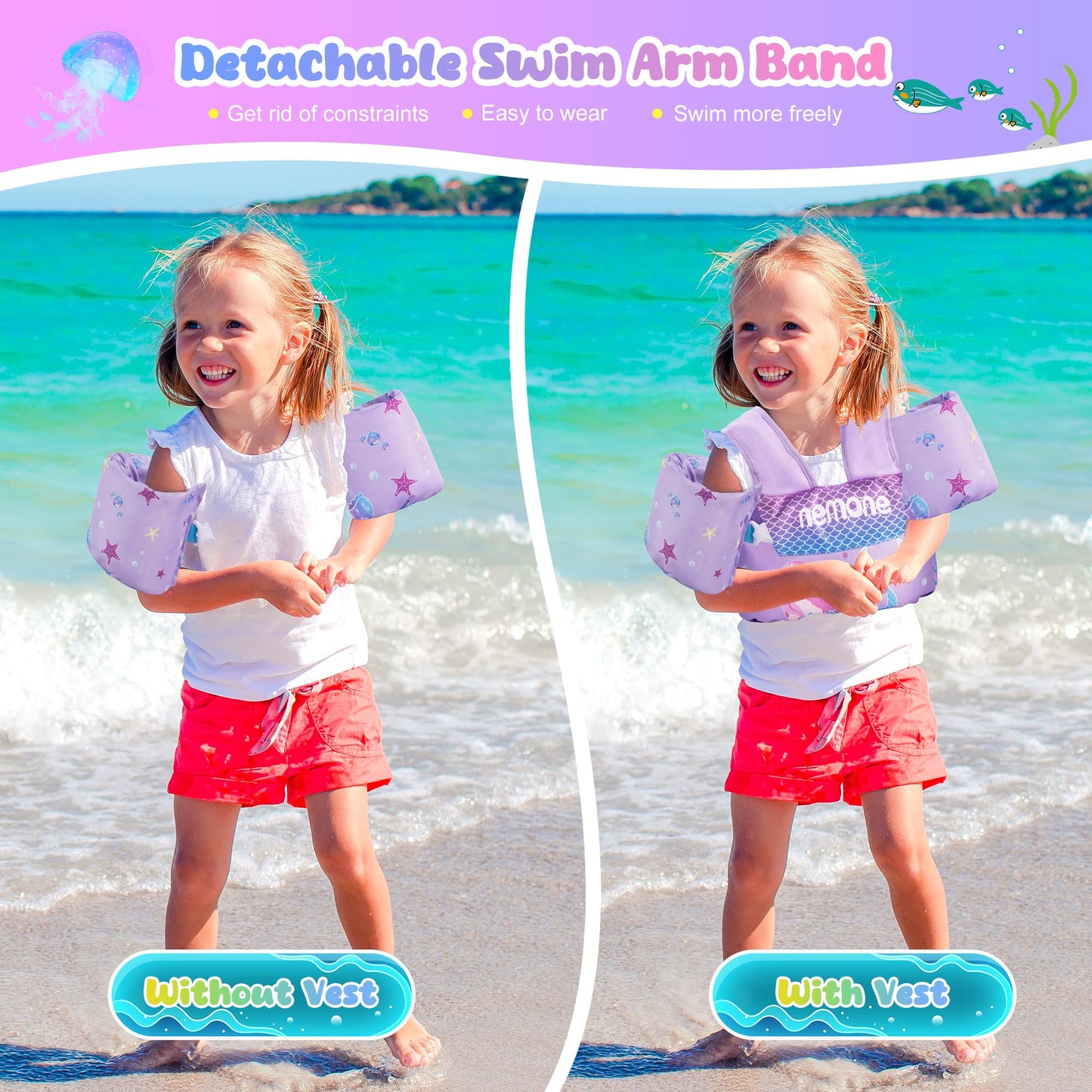 NEMONE Toddler Swim Vest for 22-70 lbs Kids Floaties Swim Jacket with Arm Water Wings for Girls Boys 2 3 4 5 6 10 Years Old Sea Beach Pool (Purple Mermaid)