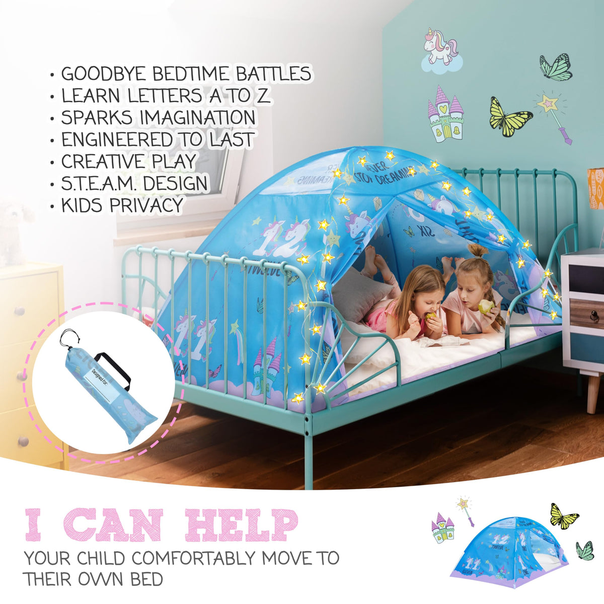 Pink Unicorn Kids Bed Tent Full Size, Pop Up Toddler Canopy and Play Fort