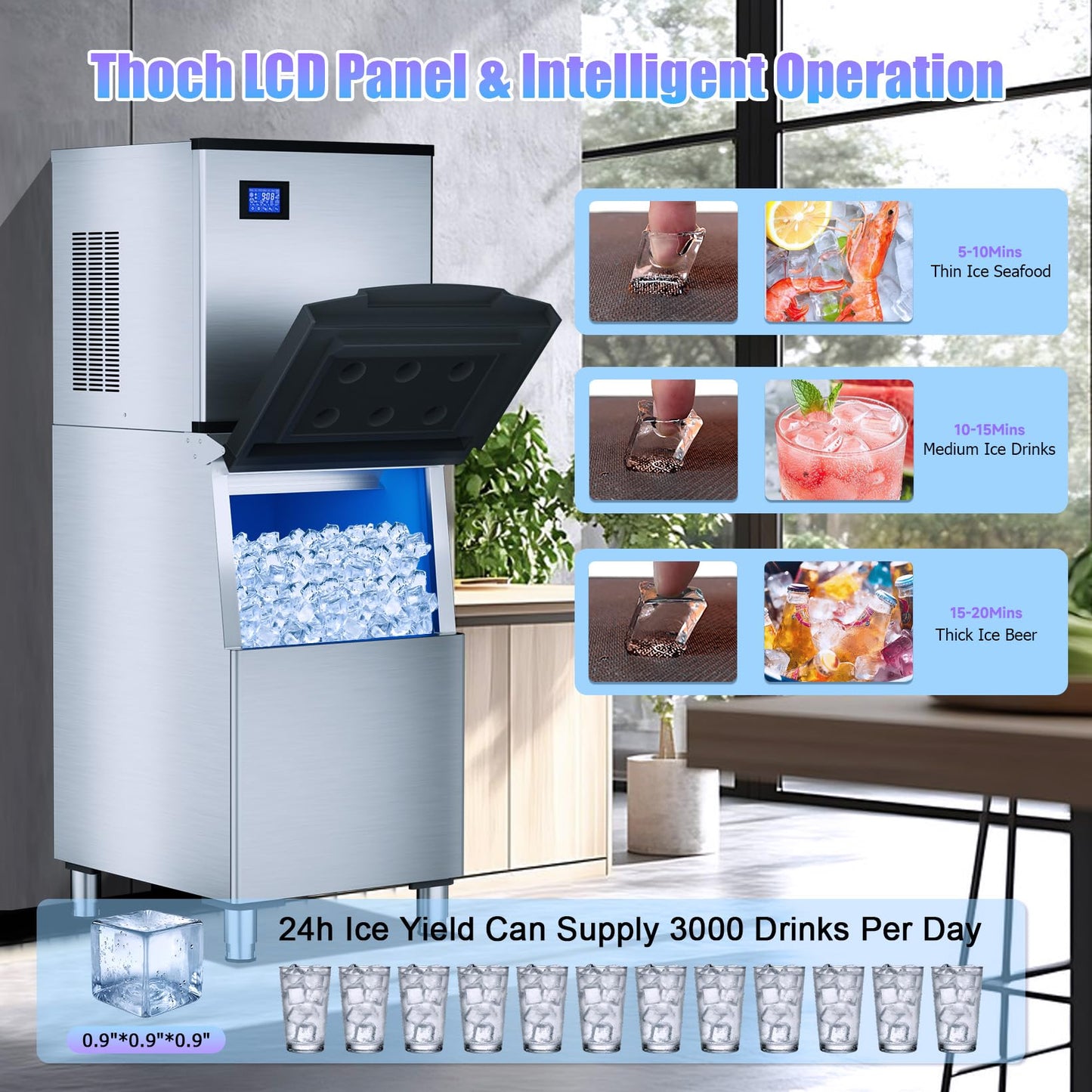 Bibrsa Commercial Ice Maker Machine 480LBS/24H, 360LBS Storage Bin, Ice Ready in 8-15 Mins, Self-Cleaning Mode, Freestanding Ice Maker, Stainless Steel Industrial Ice Machine for Restaurant/Bar/Cafe